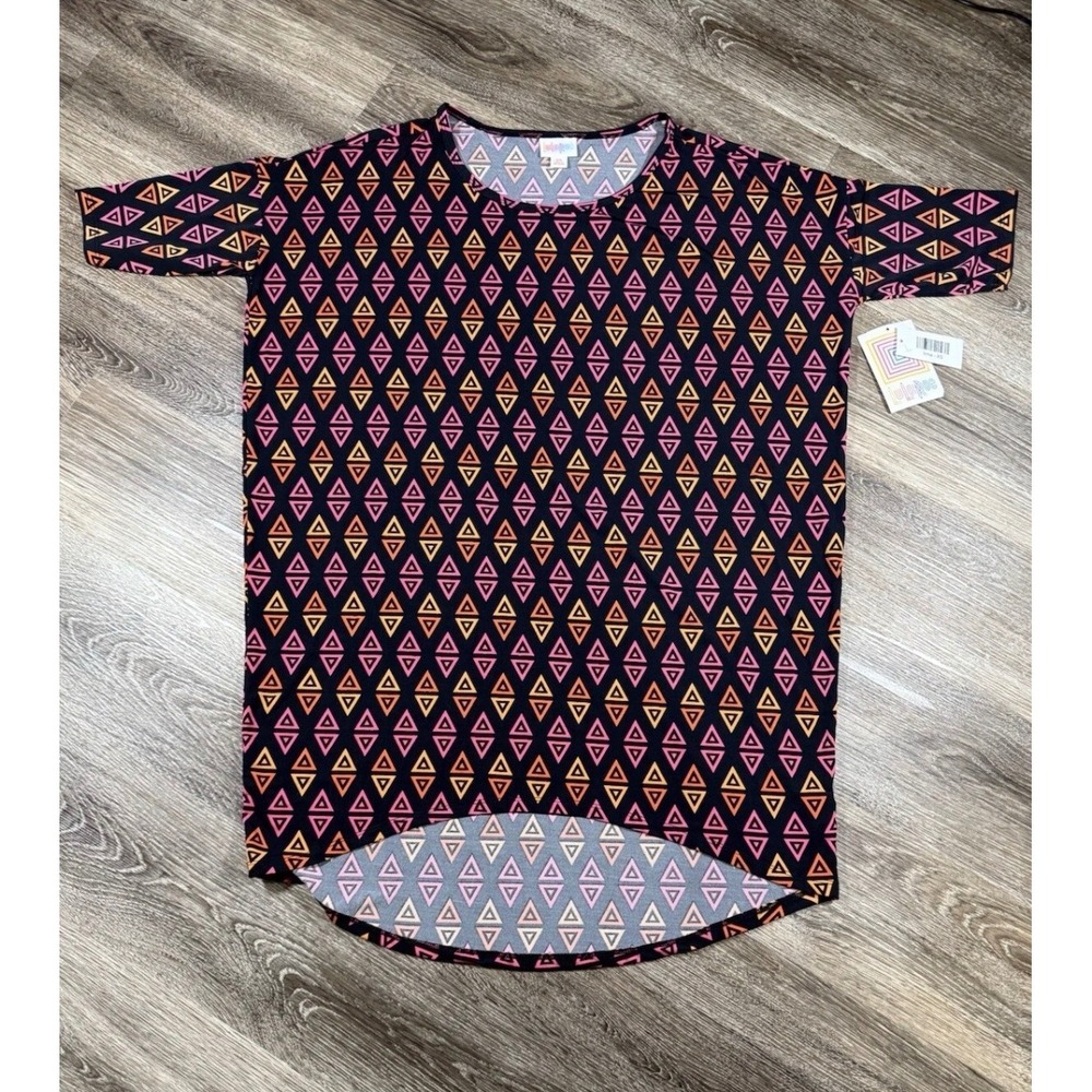 LuLaRoe Irma Tunic Top Womens XS Black Pink Orange Geometric Triangle Hi Lo NEW‎